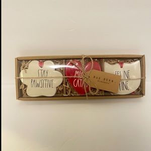 Rae Dunn Christmas Ornaments Set of 3 Cat Themed Ceramic Flat in Gift Box NEW